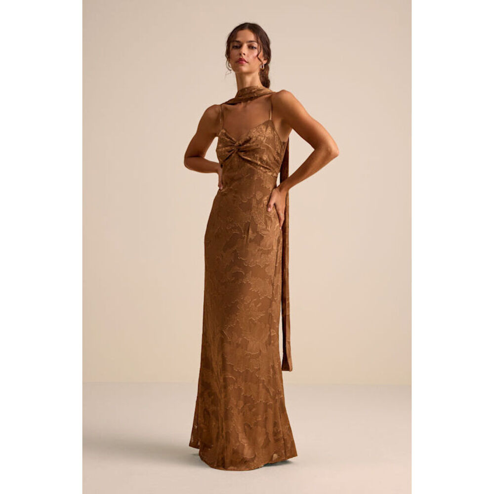 Lulus Rashona Light Brown Burnout Sash Scarf Maxi Dress - Size XS